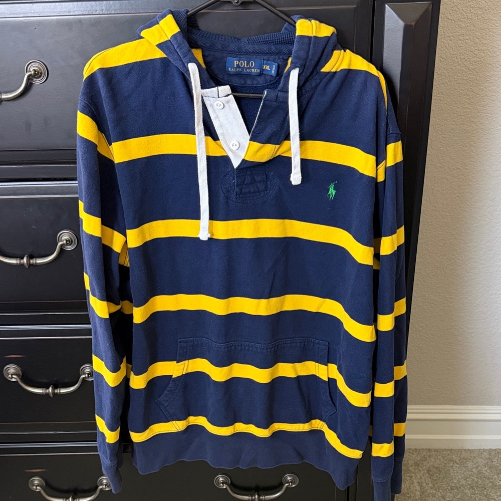 Polo by Ralph Lauren Navy and Yellow Striped Hooded Rugby Shirt